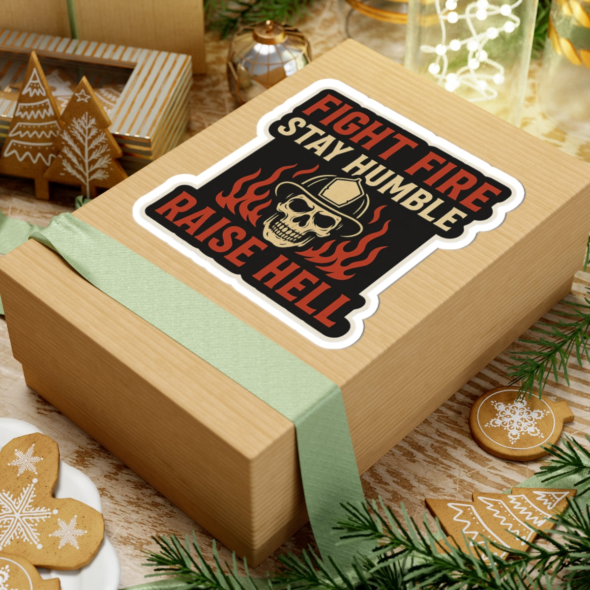 Fight Fire Stay Humble Raise Hell – Skull Firefighter Sticker – Glossy Kiss-Cut Vinyl Decal for Helmets, Gear, and Gifts