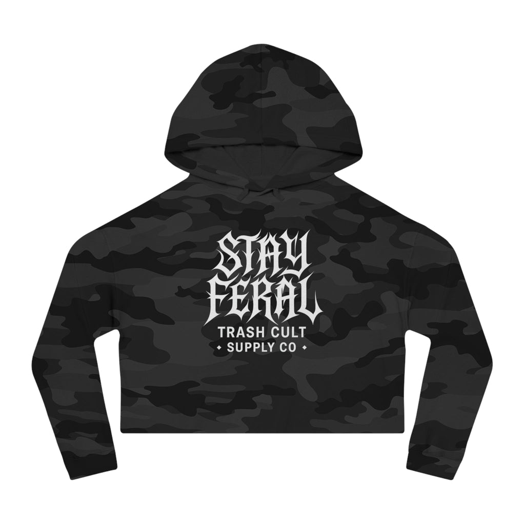 Camo Cropped Sweatshirt - Stay Feral, Trendy Streetwear, Gift for Her, Casual Outfit, Music Festival Apparel, Edgy Fashion