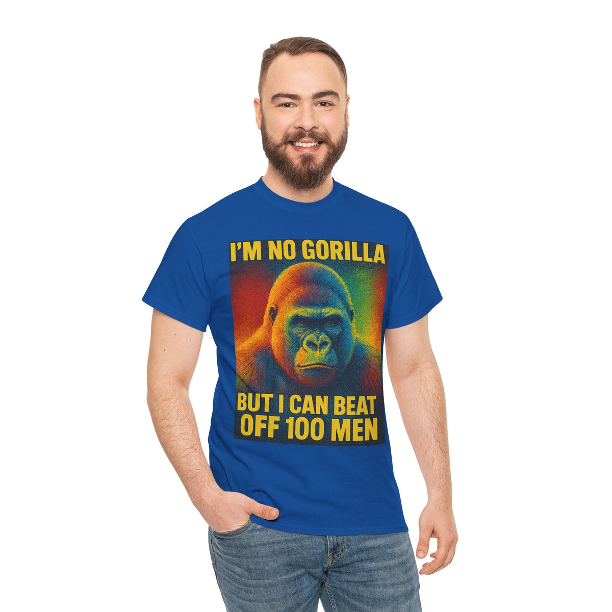 I’m No Gorilla But I Can Beat Off 100 Men Shirt – Multicolor Halftone Gorilla Tee on Gildan 5000