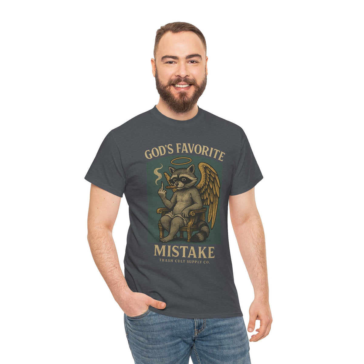 God’s Favorite Mistake Shirt – Raccoon Angel Flipping the Bird by Trash Cult Supply Co.