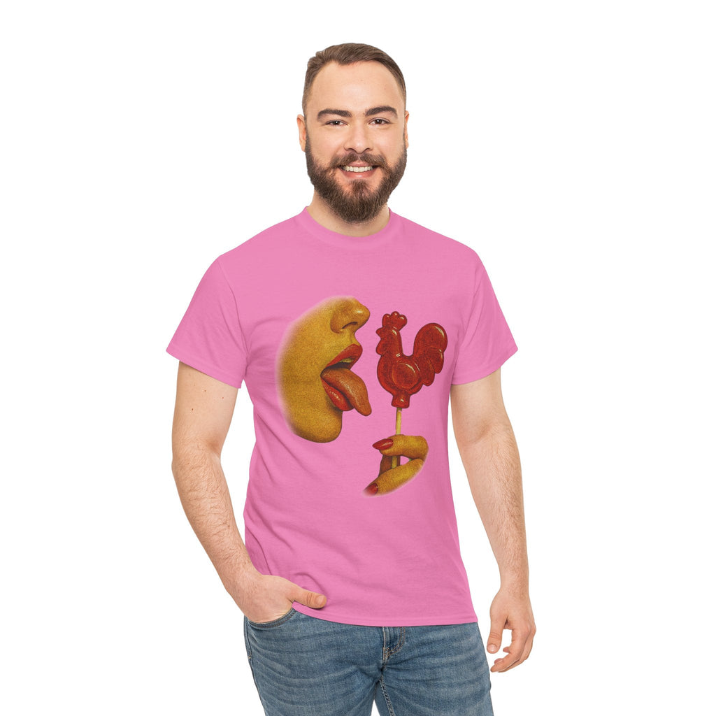 Bold Retro Halftone Tease – Red Rooster Lollipop Graphic Tee