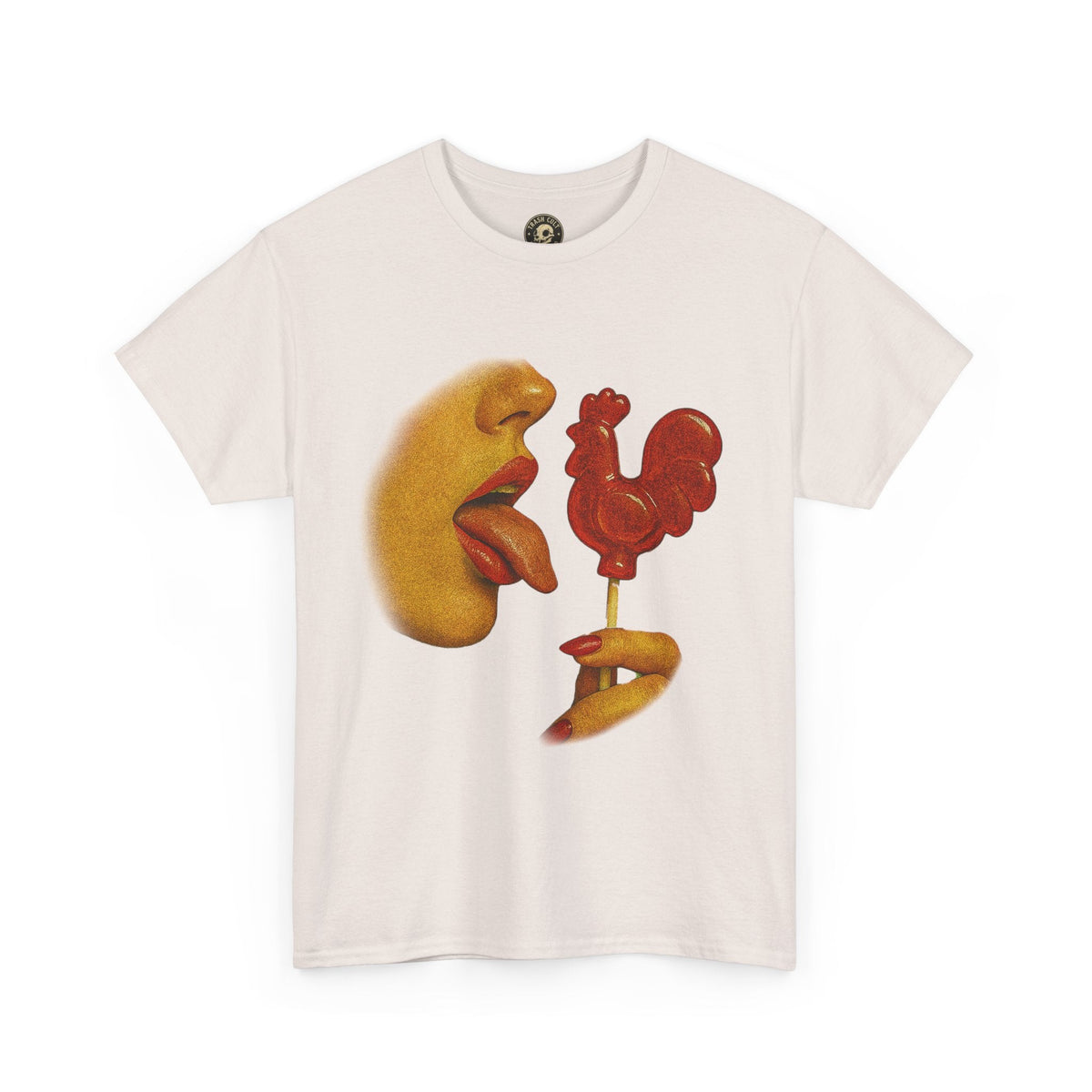 Bold Retro Halftone Tease – Red Rooster Lollipop Graphic Tee