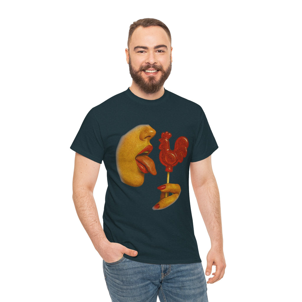 Bold Retro Halftone Tease – Red Rooster Lollipop Graphic Tee