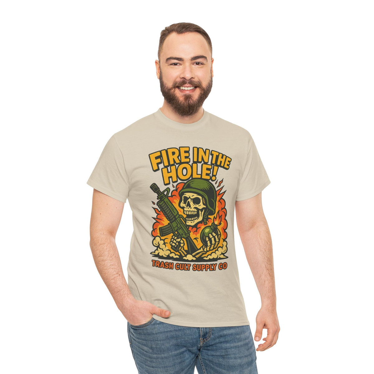 Fire in the Hole! Skeleton Soldier T-Shirt – Trash Cult Supply Co. | Gildan 5000 Combat Graphic Tee