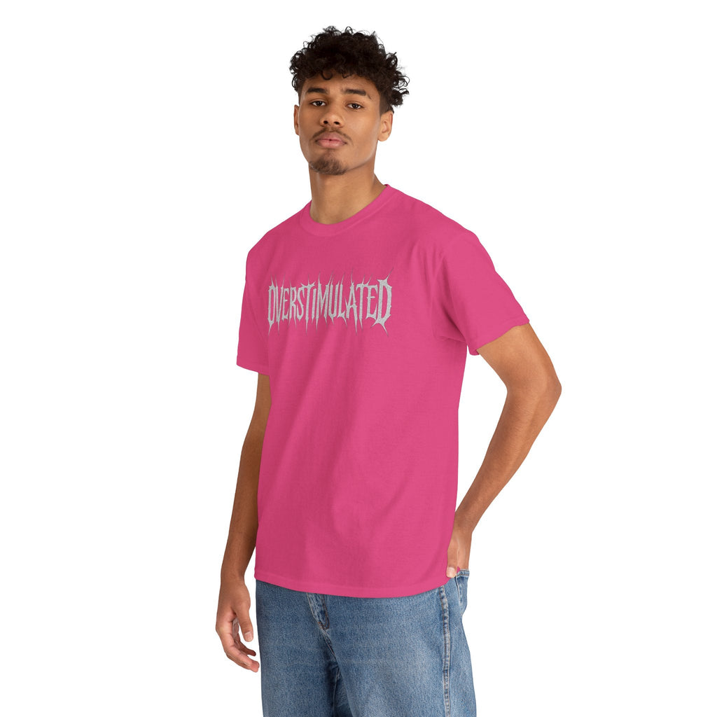 OVERSTIMULATED Metalcore Grunge Shirt – White on Black Distressed Font Tee
