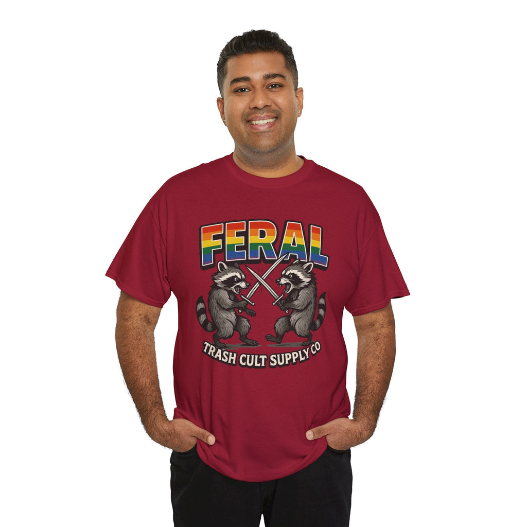 FERAL Rainbow Raccoon Sword Fighting Graphic Tee – Gildan 5000 Heavy Cotton