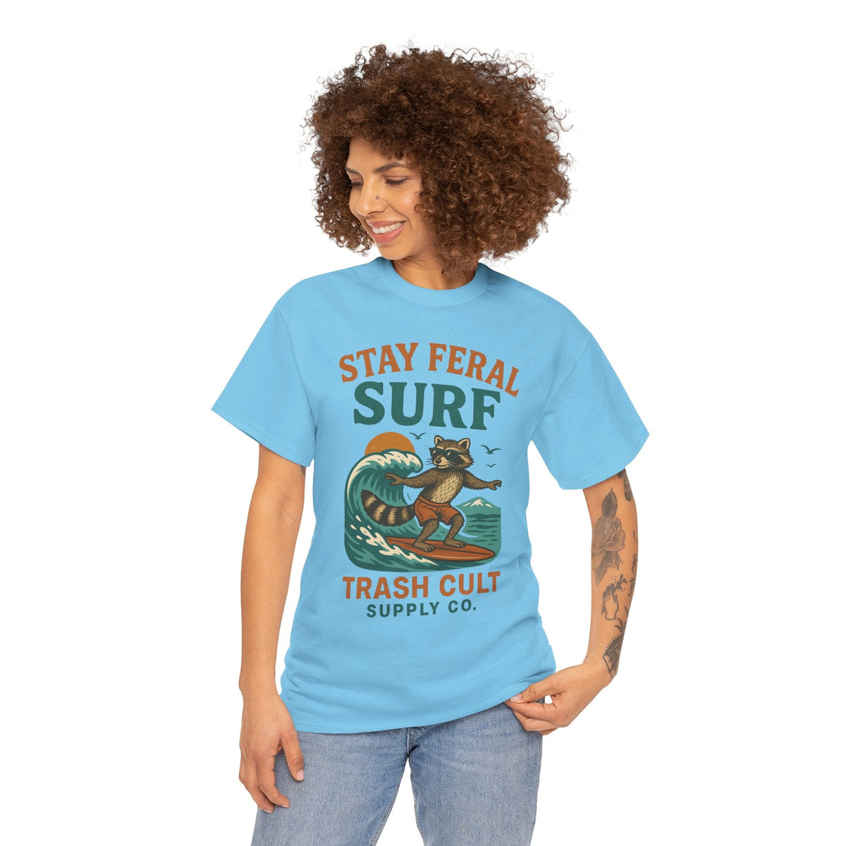 Stay Feral Surf Shirt – Retro Raccoon Beach Tee – Trash Cult Supply Co – Gildan 5000