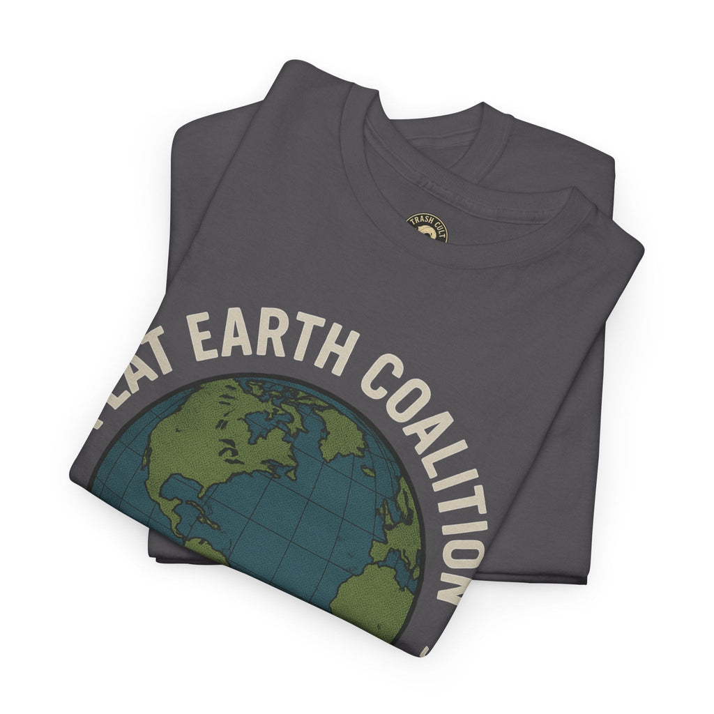 Flat Earth Coalition Funny Globe Parody Shirt – “Members From Around the Globe” Tee – Satirical Conspiracy Theory Humor Tee