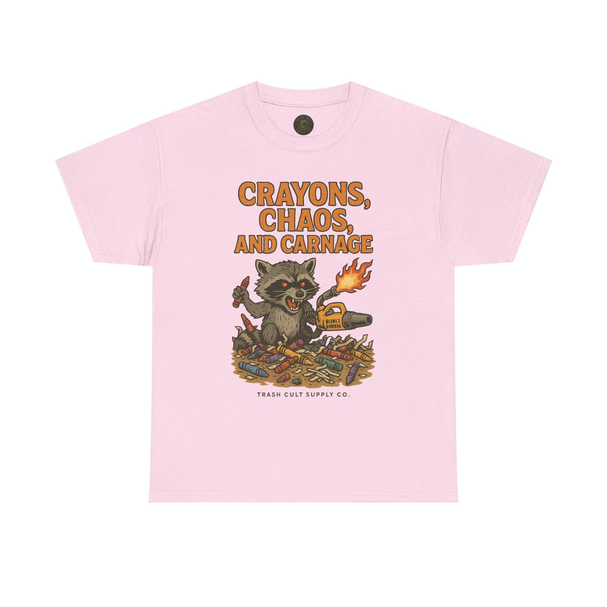 Crayons, Chaos, and Carnage T-Shirt – Dark Humor Raccoon Graphic | Trash Cult Supply Co. | Gildan 5000 Tee