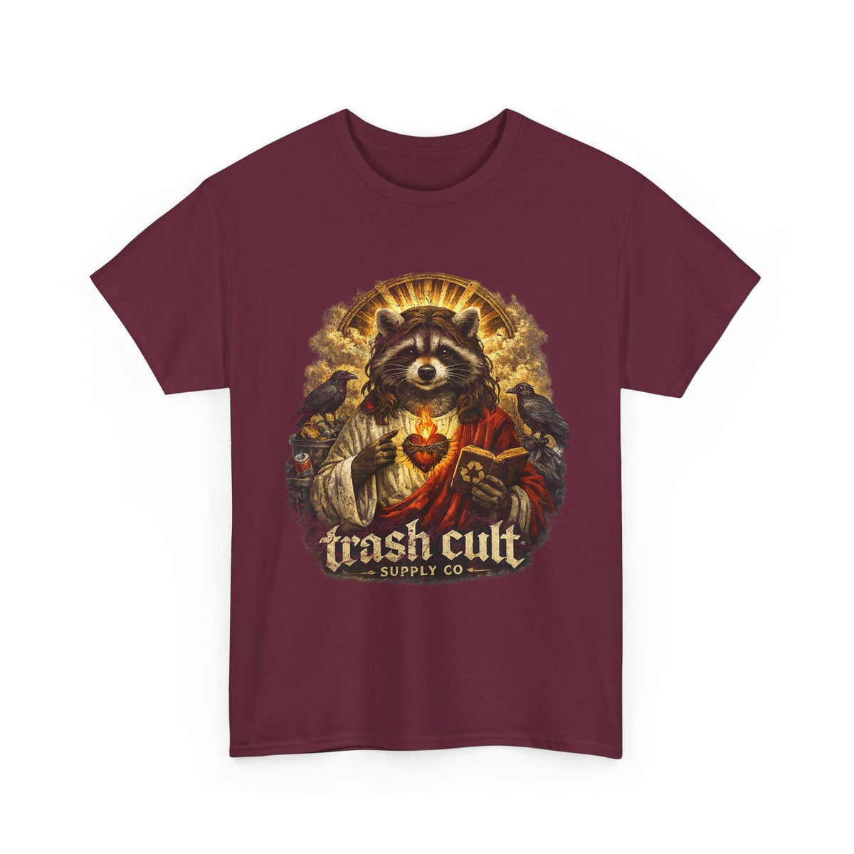 Raccoon Saint Graphic Tee — “Trash Cult” Vintage Devotional Design
