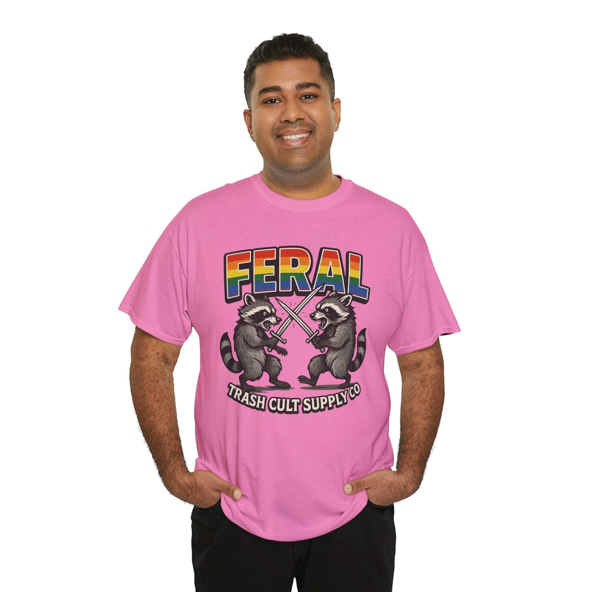 FERAL Rainbow Raccoon Sword Fighting Graphic Tee – Gildan 5000 Heavy Cotton