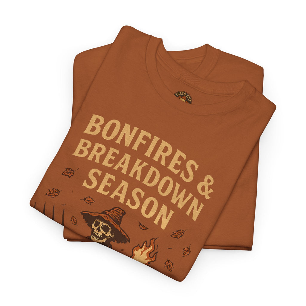 Bonfires & Breakdown Season Shirt – Skeleton Couch Chaos Tee – Fall of Humanity Collection – Trash Cult Supply Co.