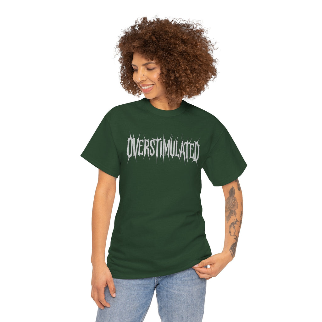 OVERSTIMULATED Metalcore Grunge Shirt – White on Black Distressed Font Tee
