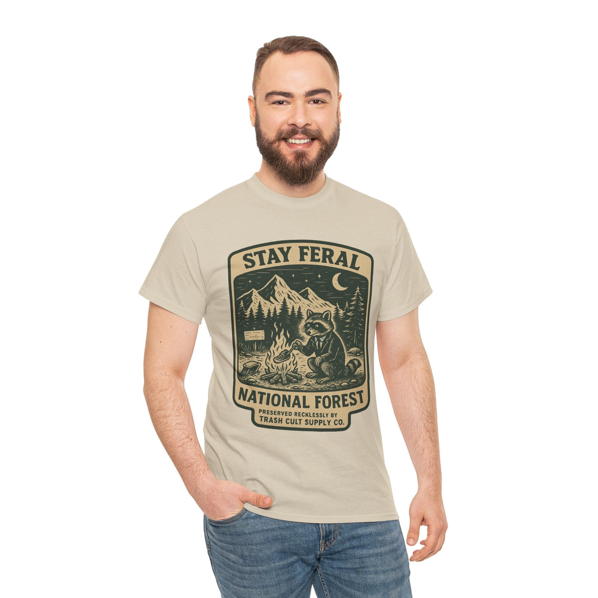 Stay Feral National Forest Shirt – Vintage Raccoon Camping Tee – Trash Cult Supply Co – Gildan 5000