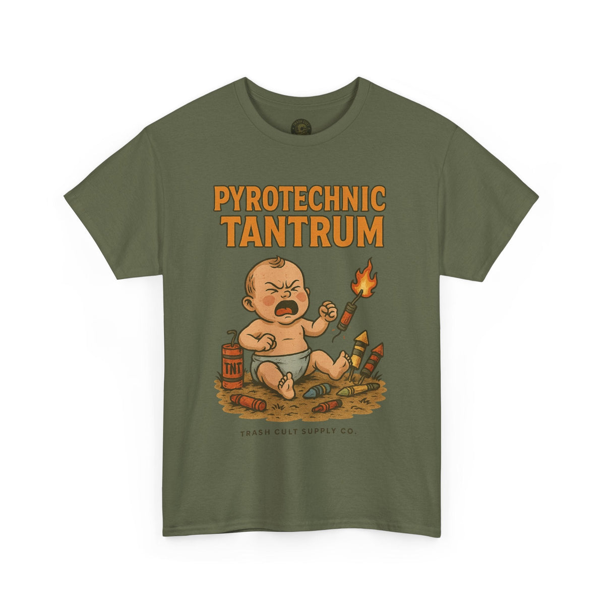 Pyrotechnic Tantrum T-Shirt – Explosive Baby Humor Graphic | Trash Cult Supply Co. | Gildan 5000 Tee