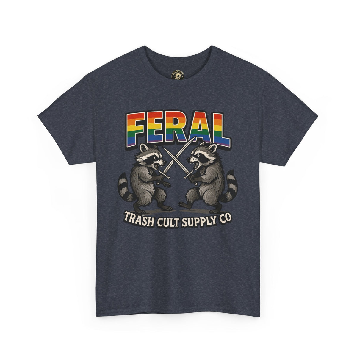 FERAL Rainbow Raccoon Sword Fighting Graphic Tee – Gildan 5000 Heavy Cotton