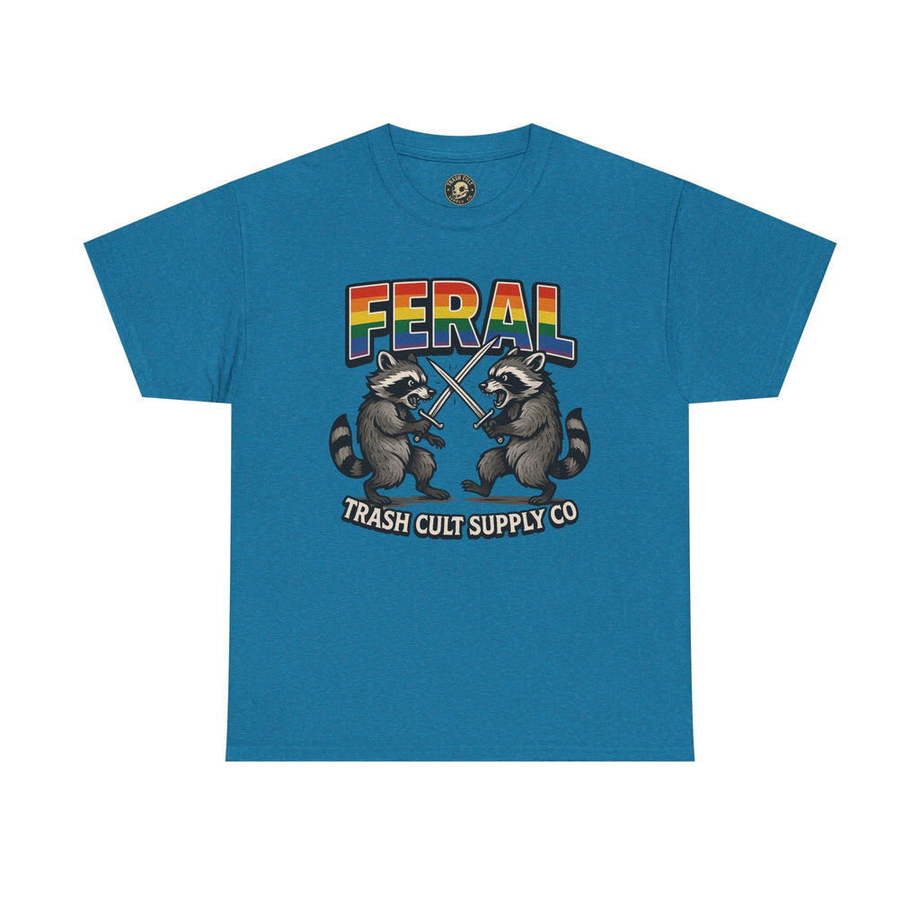 FERAL Rainbow Raccoon Sword Fighting Graphic Tee – Gildan 5000 Heavy Cotton