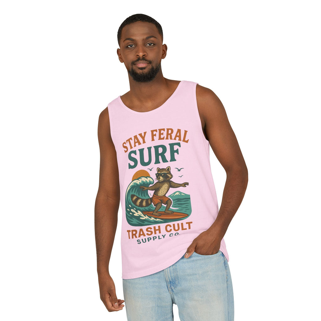 Stay Feral Surf Tank Top – Retro Raccoon Beach Tank – Trash Cult Supply Co – Comfort Colors 9360