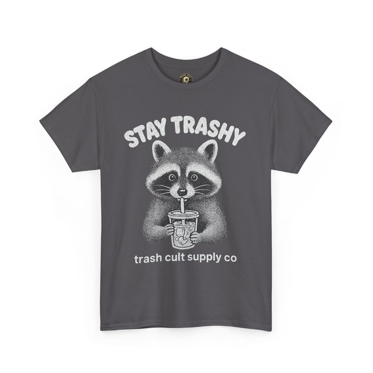 Stay Trashy Raccoon Iced Coffee Shirt – Halftone All White Design | Trash Cult Supply Co.