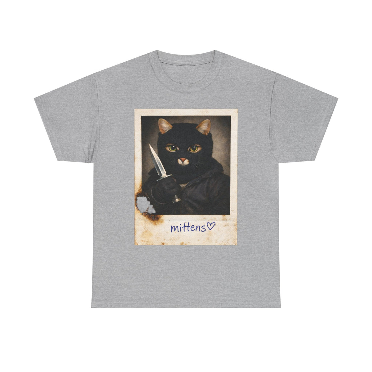 Cat With Knife Tee — "Mittens" Dark Humor Vintage Polaroid Graphic T-Shirt