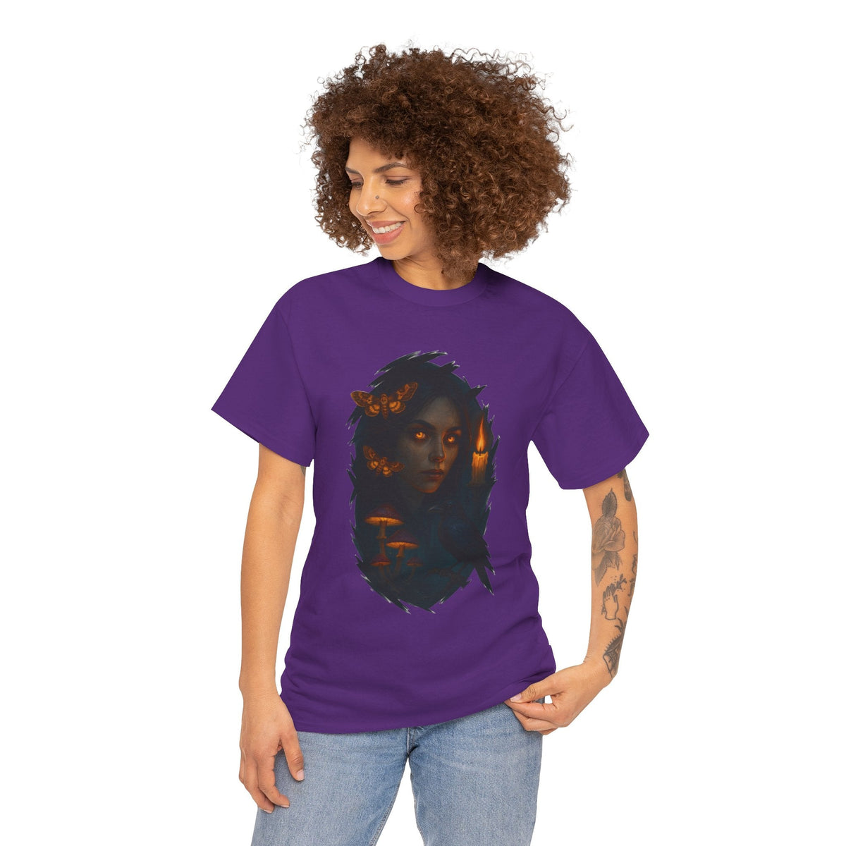 Mystical Night Unisex Heavy Cotton Tee, Witchy Shirt, Halloween Apparel, Fantasy Tee, Gift for Her, Art Graphic Tee