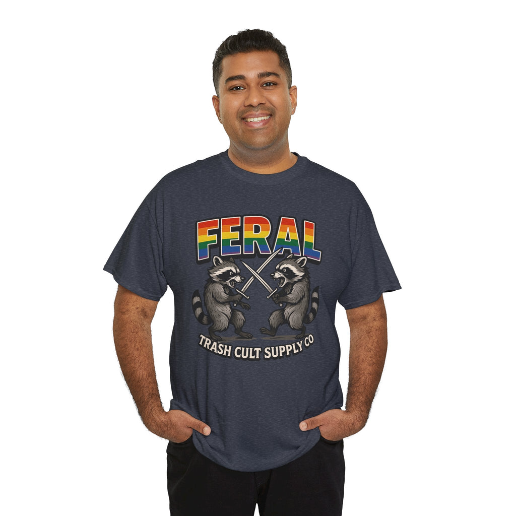 FERAL Rainbow Raccoon Sword Fighting Graphic Tee – Gildan 5000 Heavy Cotton