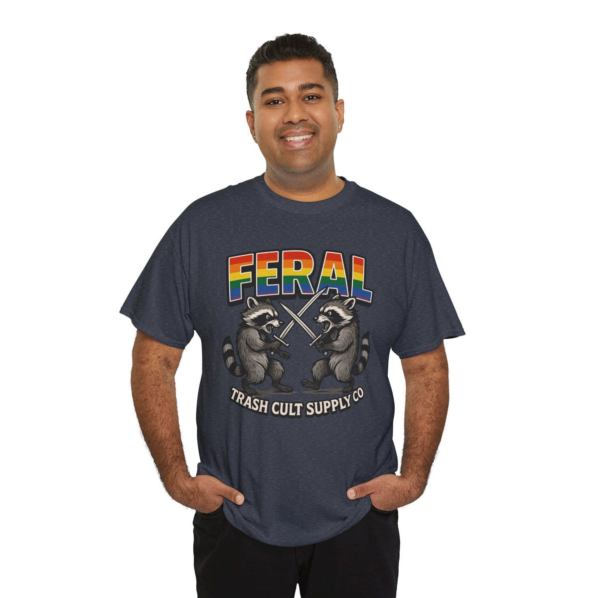 FERAL Rainbow Raccoon Sword Fighting Graphic Tee – Gildan 5000 Heavy Cotton