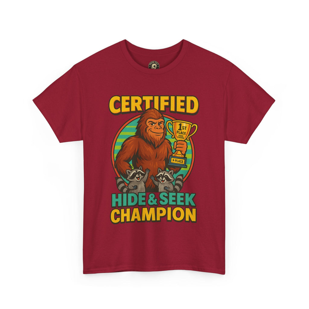 Certified Hide & Seek Champion Bigfoot T-Shirt – Funny Cryptid Shirt – Raccoon Forest Meme Tee – Gildan 5000