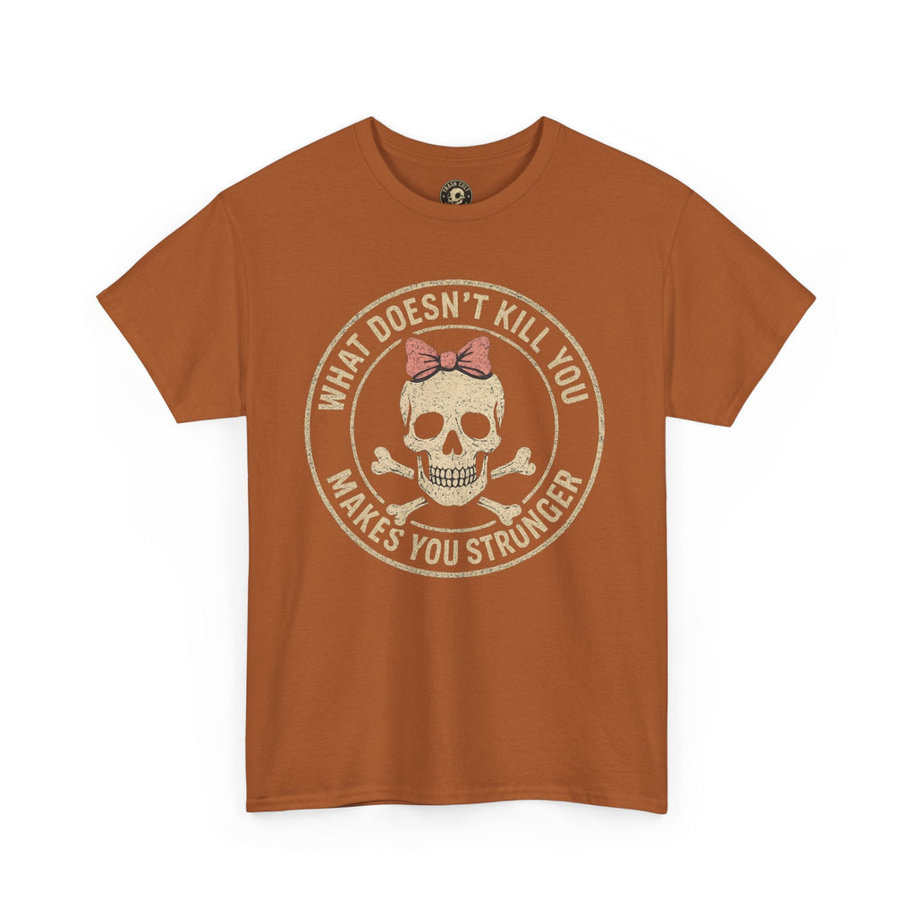 “What Doesn’t Kill You Makes You Stronger” Skull & Bow T-Shirt – Vintage Grunge Graphic | Gildan 5000