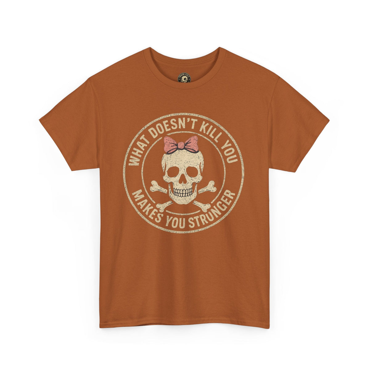 “What Doesn’t Kill You Makes You Stronger” Skull & Bow T-Shirt – Vintage Grunge Graphic | Gildan 5000