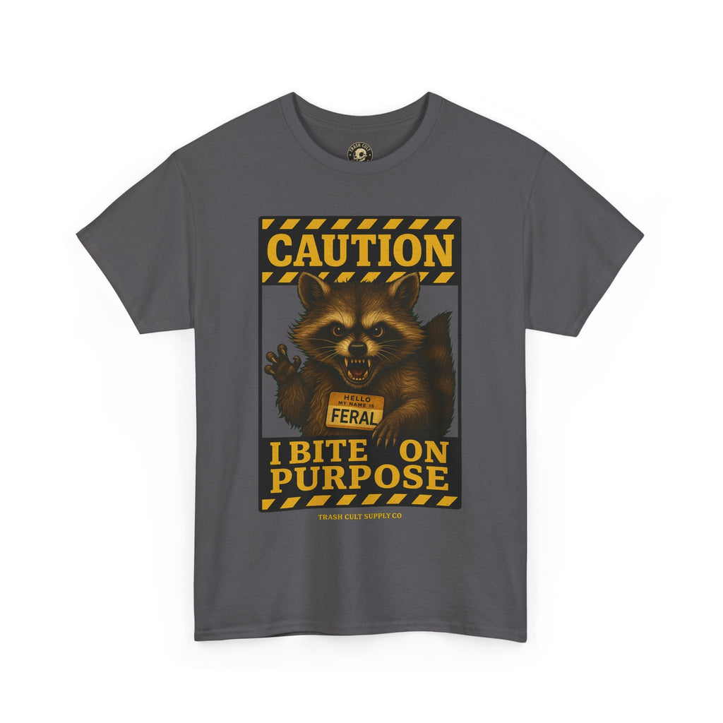 I Bite On Purpose Raccoon Warning T-Shirt – Caution Sign Style | Trash Cult Supply Co | Gildan 5000