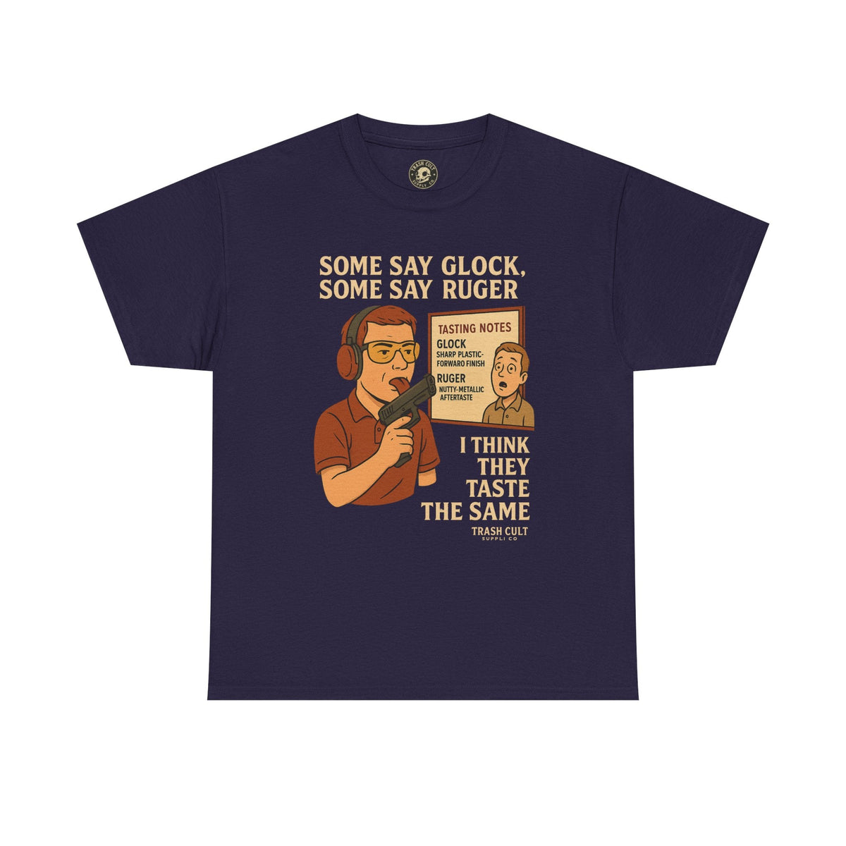 Glock vs Ruger Mouthfeel Shirt – Funny Gun Show Parody Tee | Dark Humor Firearm Tasting Notes Shirt