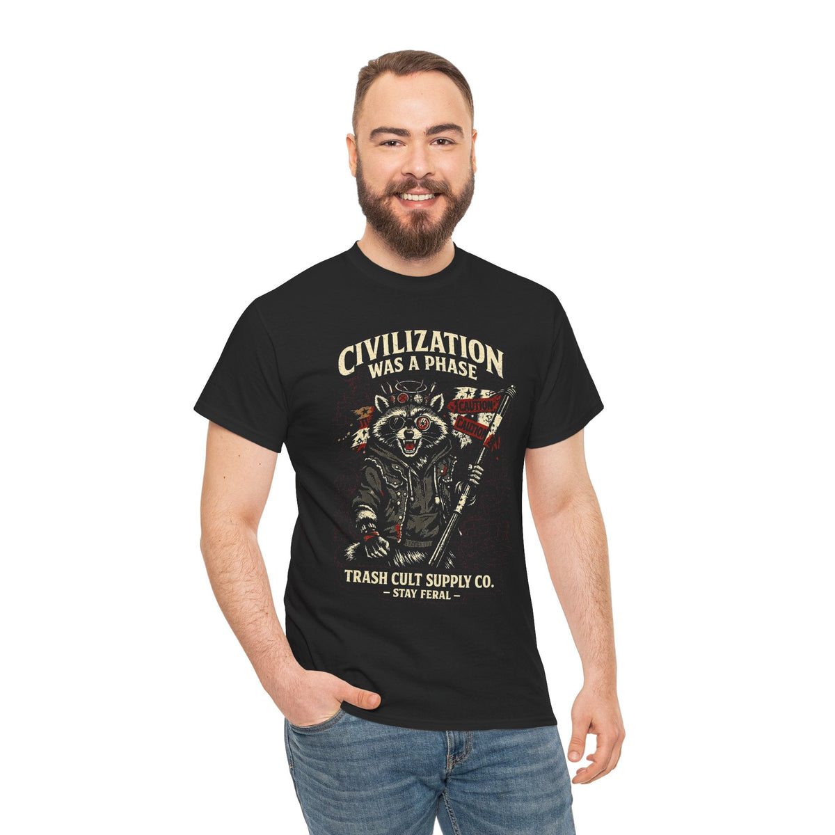 Civilization Was a Phase Raccoon Graphic Tee — Vintage Patriotic Trash Cult Design