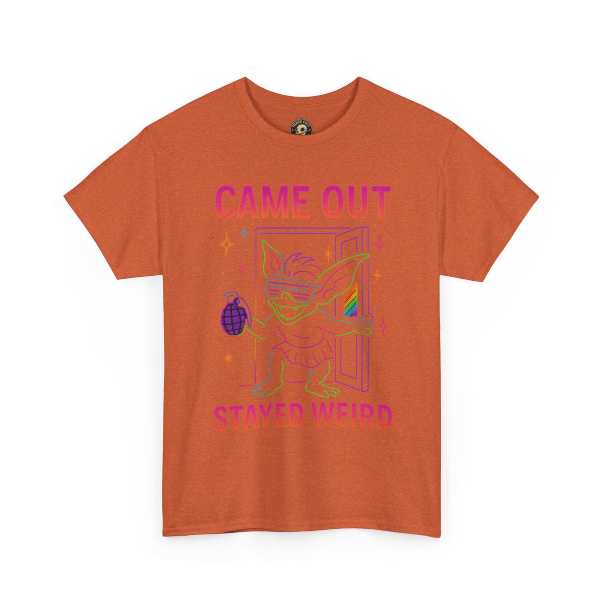 Came Out, Stayed Weird – Neon Gremlin Pride T-Shirt | Gildan Unisex Heavy Cotton Tee | LGBTQ+ Graphic Shirt