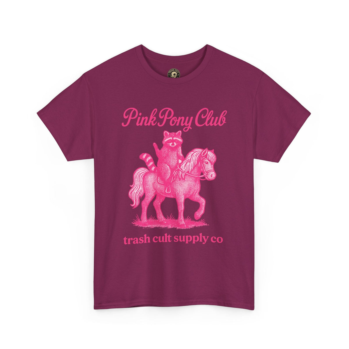 Pink Pony Club Raccoon Riding Pony Shirt – Vintage Hot Pink Halftone Tee by Trash Cult Supply Co