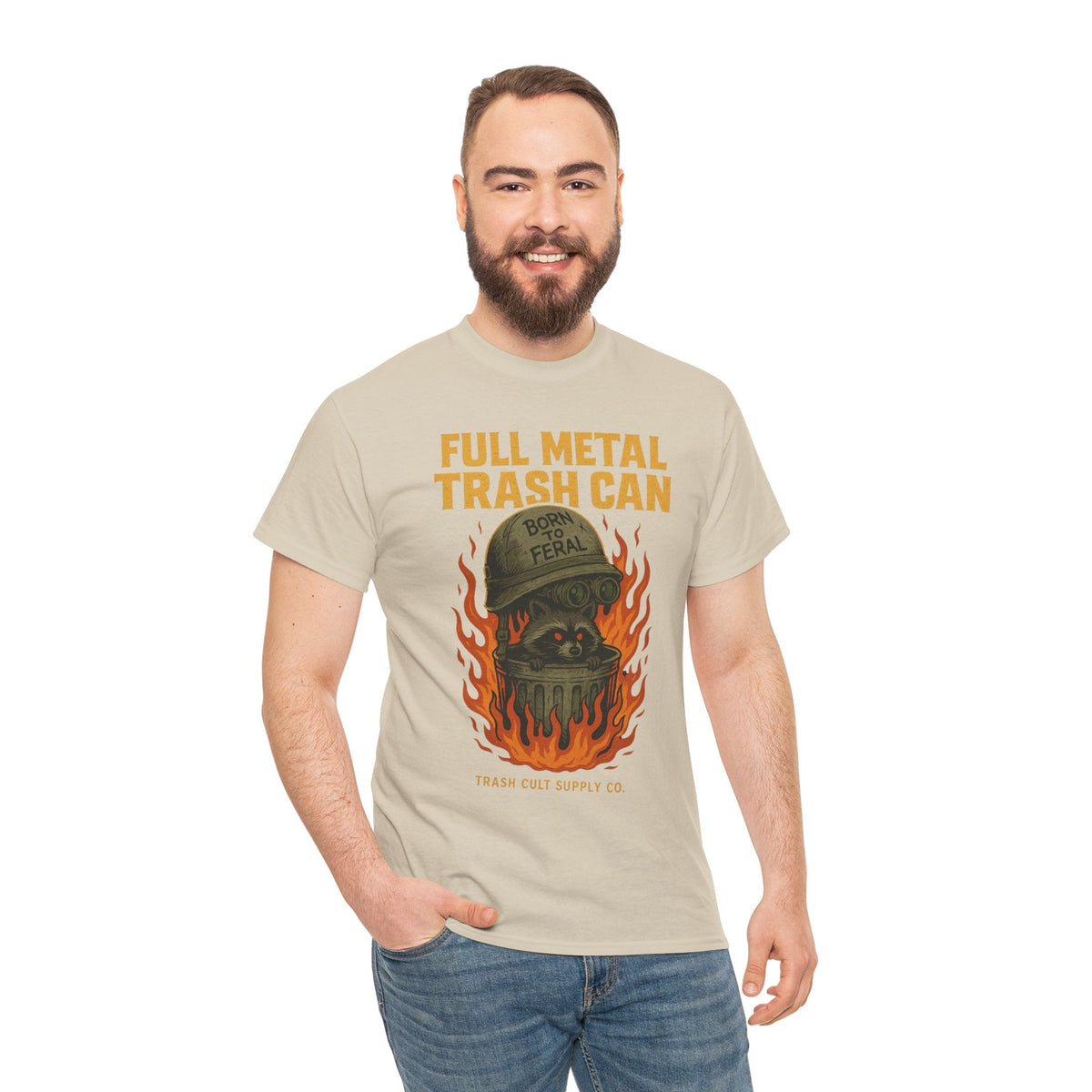 Full Metal Trash Can T-Shirt – Born to Feral Raccoon Graphic | Trash Cult Supply Co. | Gildan 5000 Tee