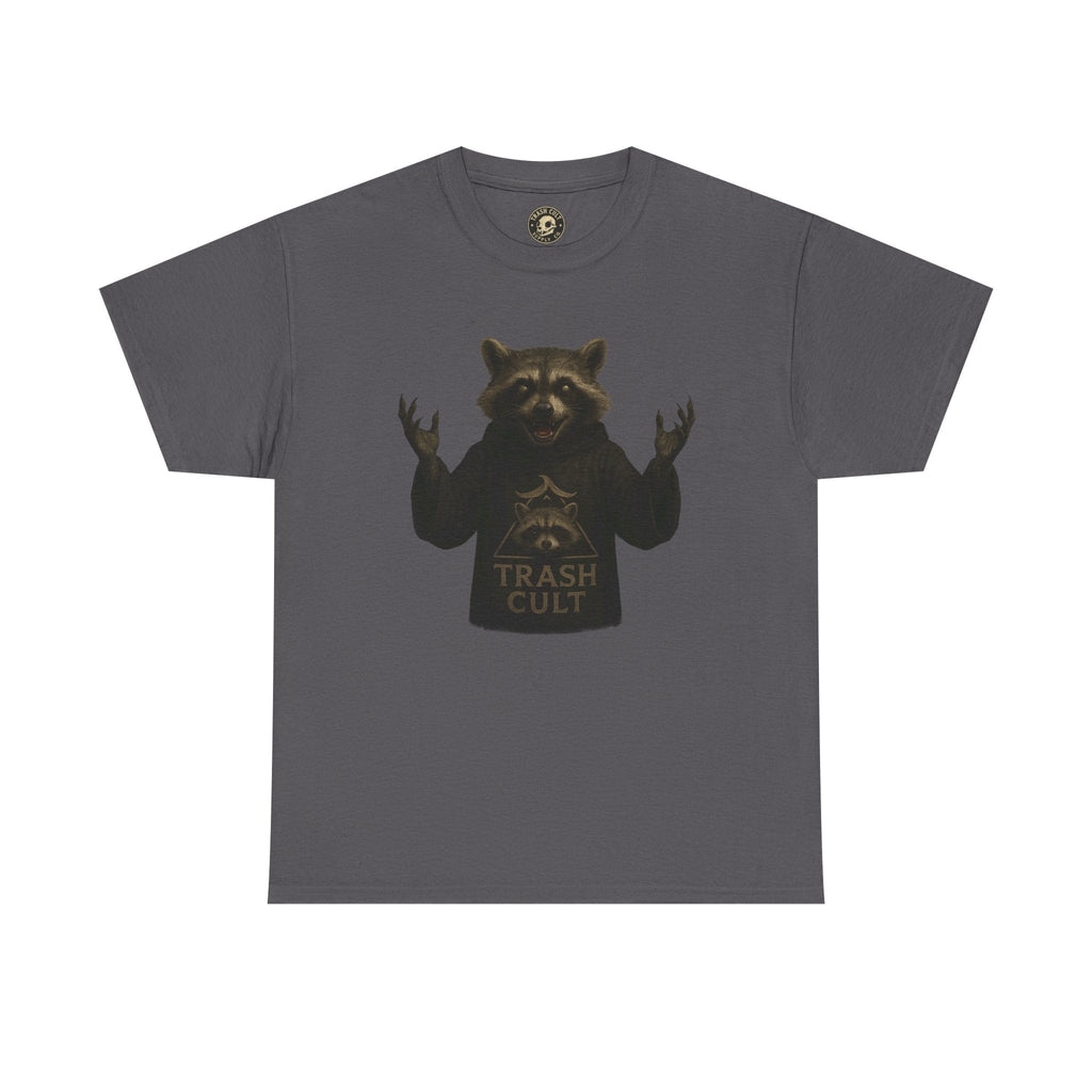 Raccoon Cult Leader Shirt – Trash Cult Unhinged Mascot Tee for Dark Fabrics | Gildan 5000
