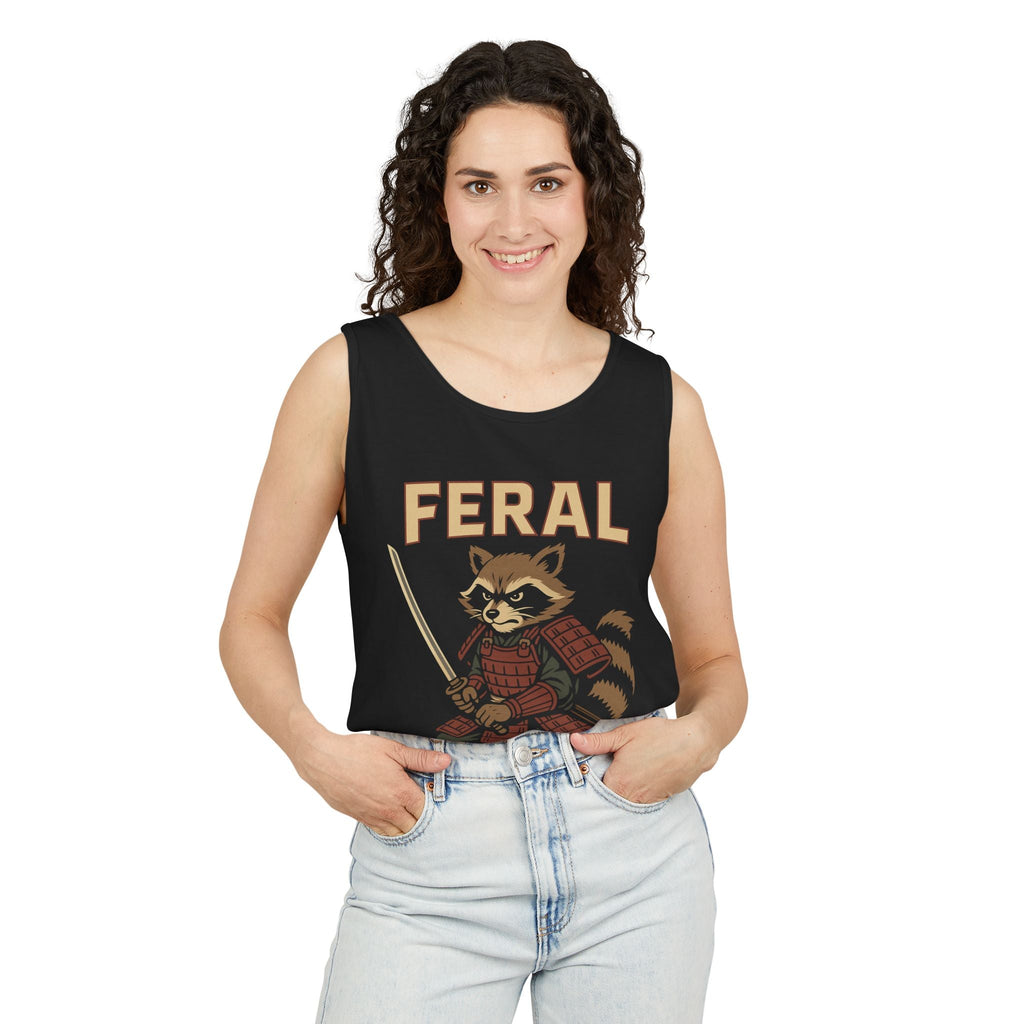 Feral Samurai Raccoon Tank Top, Unisex Graphic Tee, Summer Shirt, Gift for Animal Lovers, Trendy Outdoor Wear