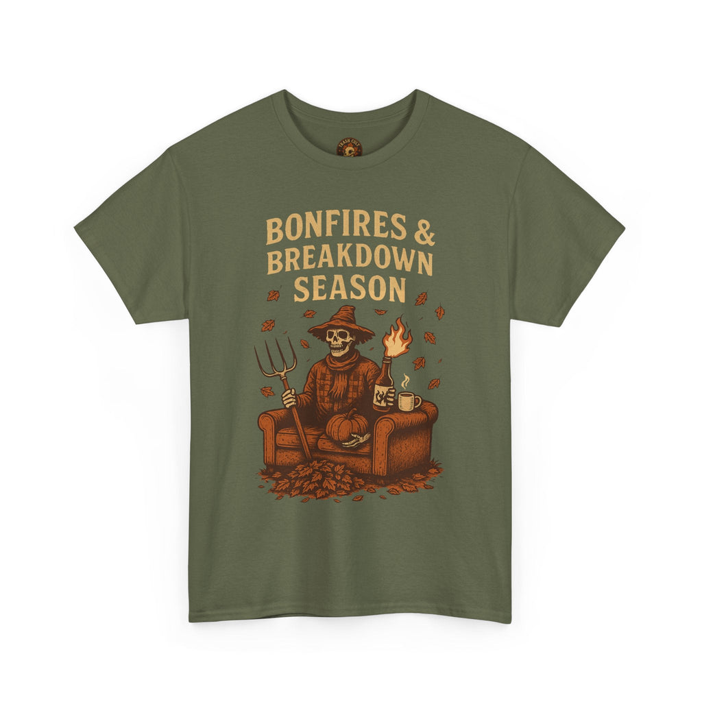 Bonfires & Breakdown Season Shirt – Skeleton Couch Chaos Tee – Fall of Humanity Collection – Trash Cult Supply Co.