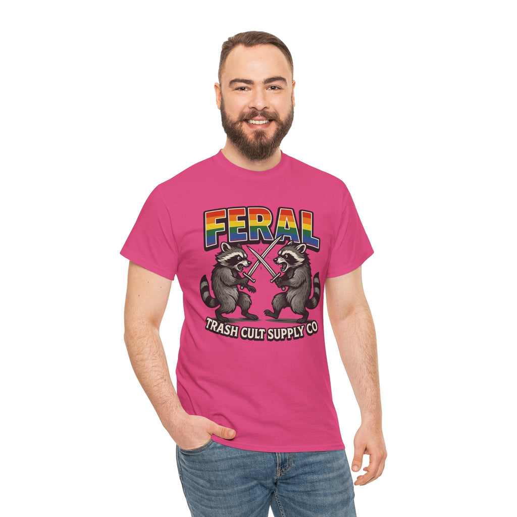 FERAL Rainbow Raccoon Sword Fighting Graphic Tee – Gildan 5000 Heavy Cotton