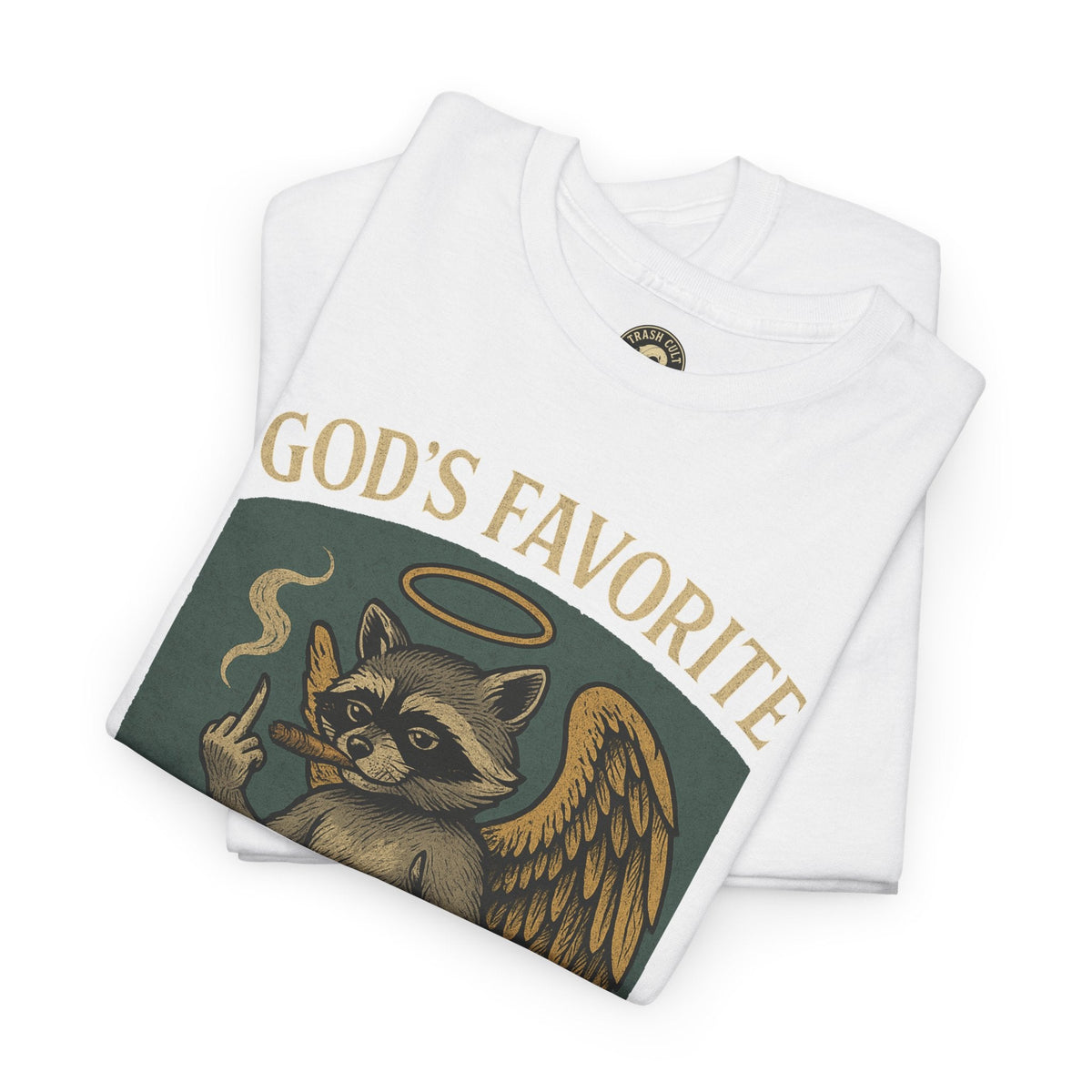 God’s Favorite Mistake Shirt – Raccoon Angel Flipping the Bird by Trash Cult Supply Co.