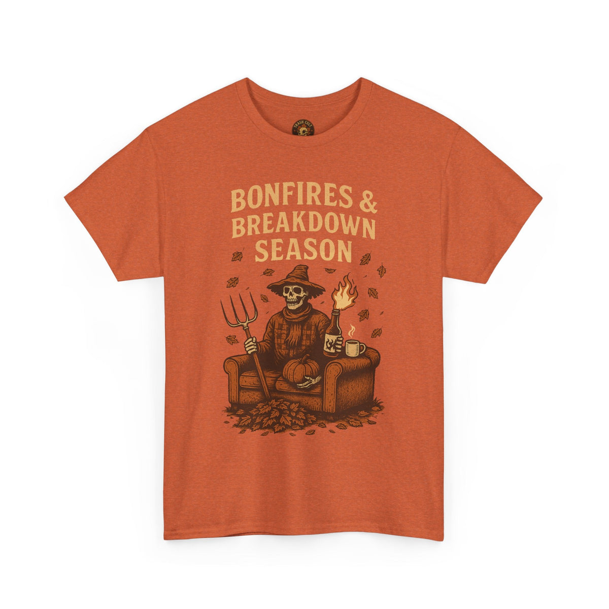 Bonfires & Breakdown Season Shirt – Skeleton Couch Chaos Tee – Fall of Humanity Collection – Trash Cult Supply Co.
