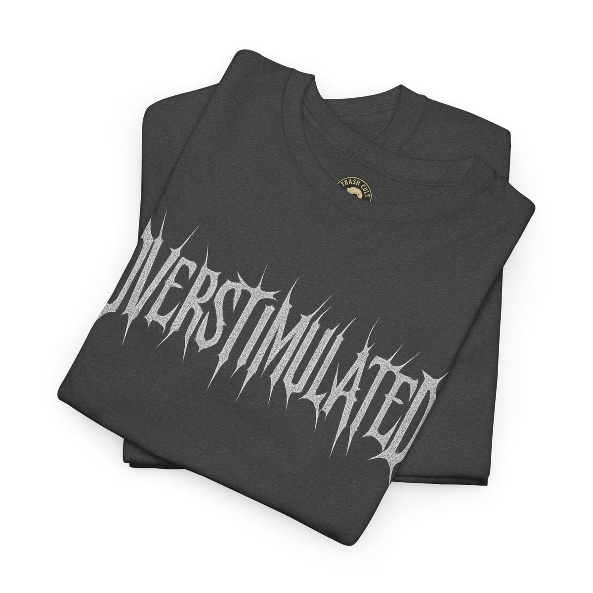 OVERSTIMULATED Metalcore Grunge Shirt – White on Black Distressed Font Tee