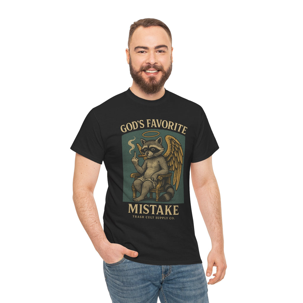 God’s Favorite Mistake Shirt – Raccoon Angel Flipping the Bird by Trash Cult Supply Co.
