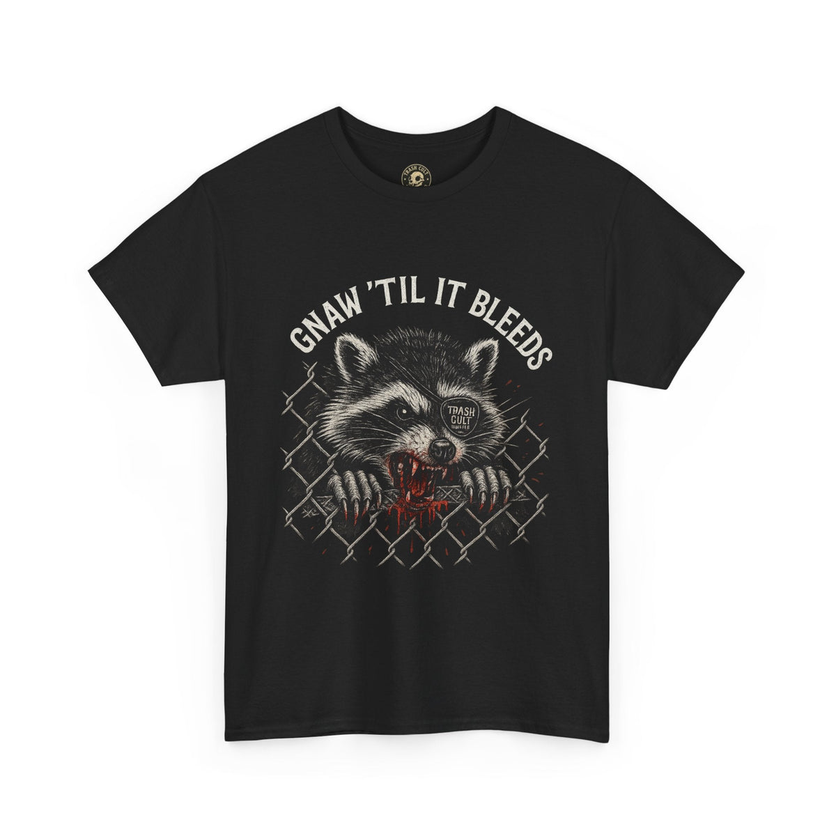 Gnaw ’Til It Bleeds Raccoon Tee – Feral Trash Cult Shirt, Metalcore Punk Animal Graphic, Gildan 5000 Unisex Black T-Shirt