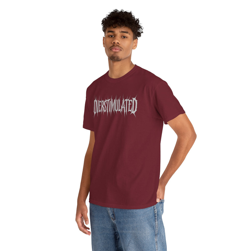 OVERSTIMULATED Metalcore Grunge Shirt – White on Black Distressed Font Tee