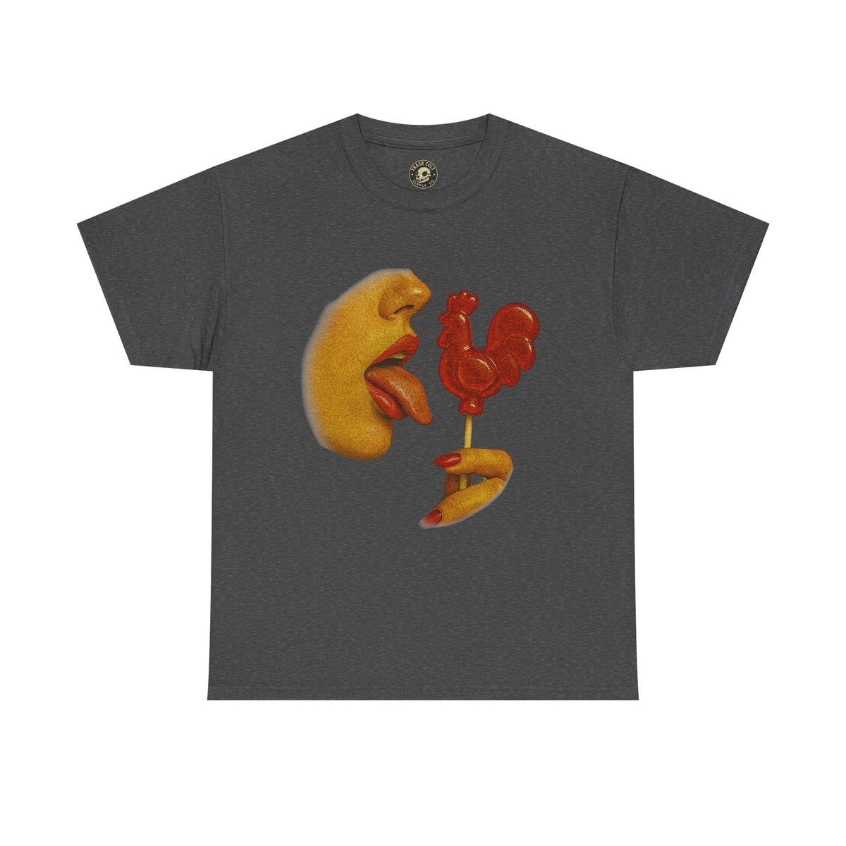 Bold Retro Halftone Tease – Red Rooster Lollipop Graphic Tee