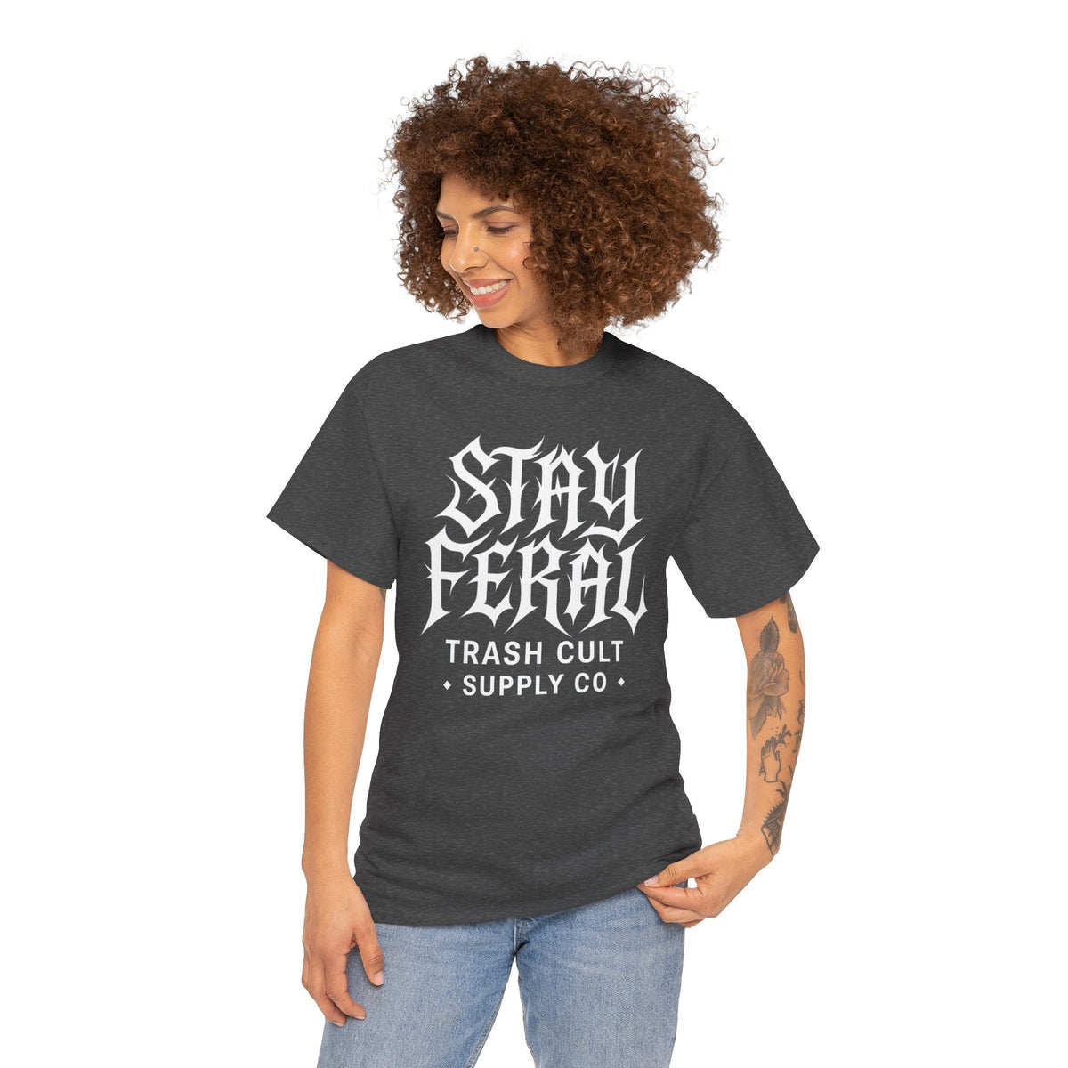 Unisex Heavy Cotton Tee - Stay Feral Graphic Tee, Streetwear Shirt, Gift for Wild Spirits, Eco-Friendly Casualwear, Summer Fashion
