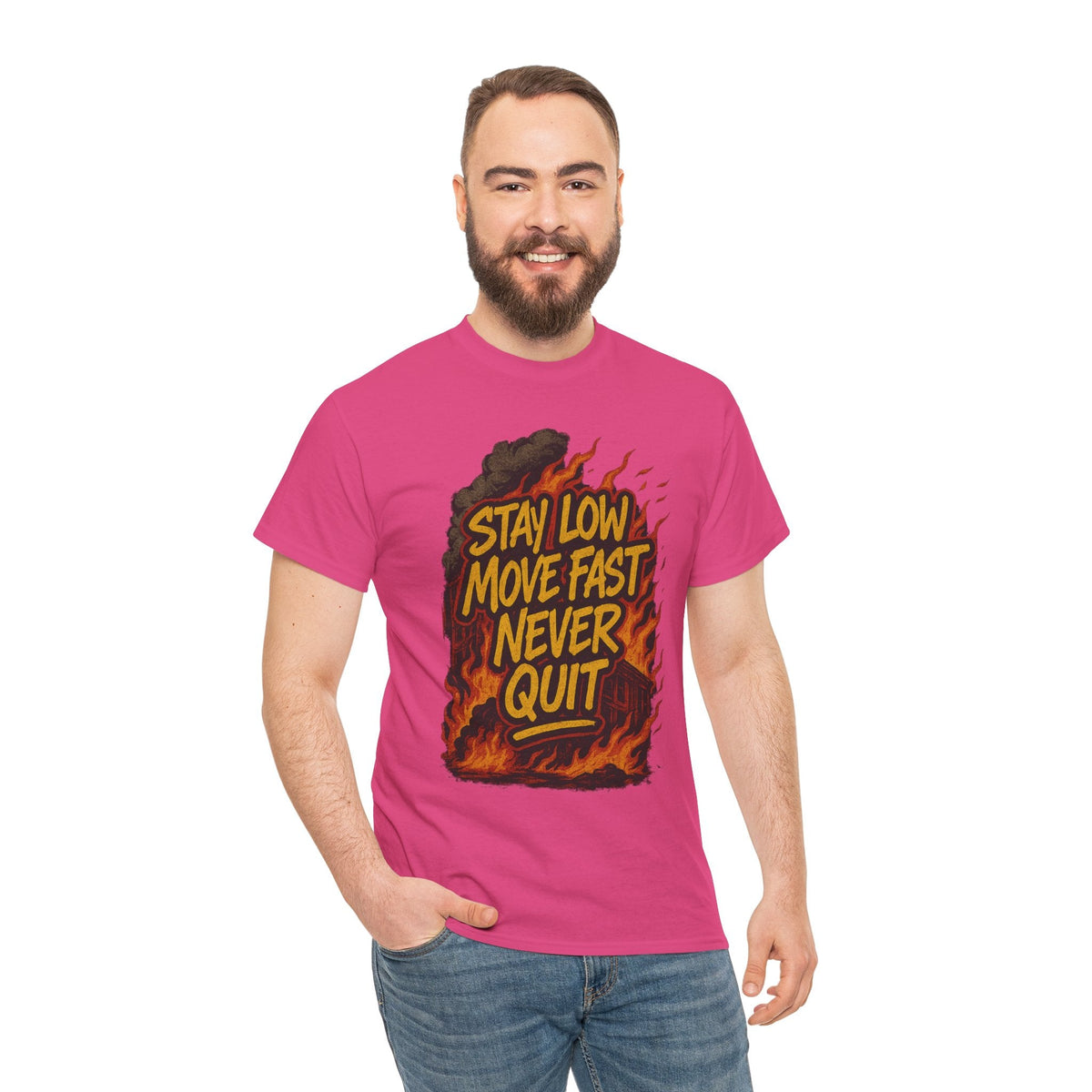 Stay Low Move Fast Never Quit Shirt – Firefighter Gildan 5000 Tee