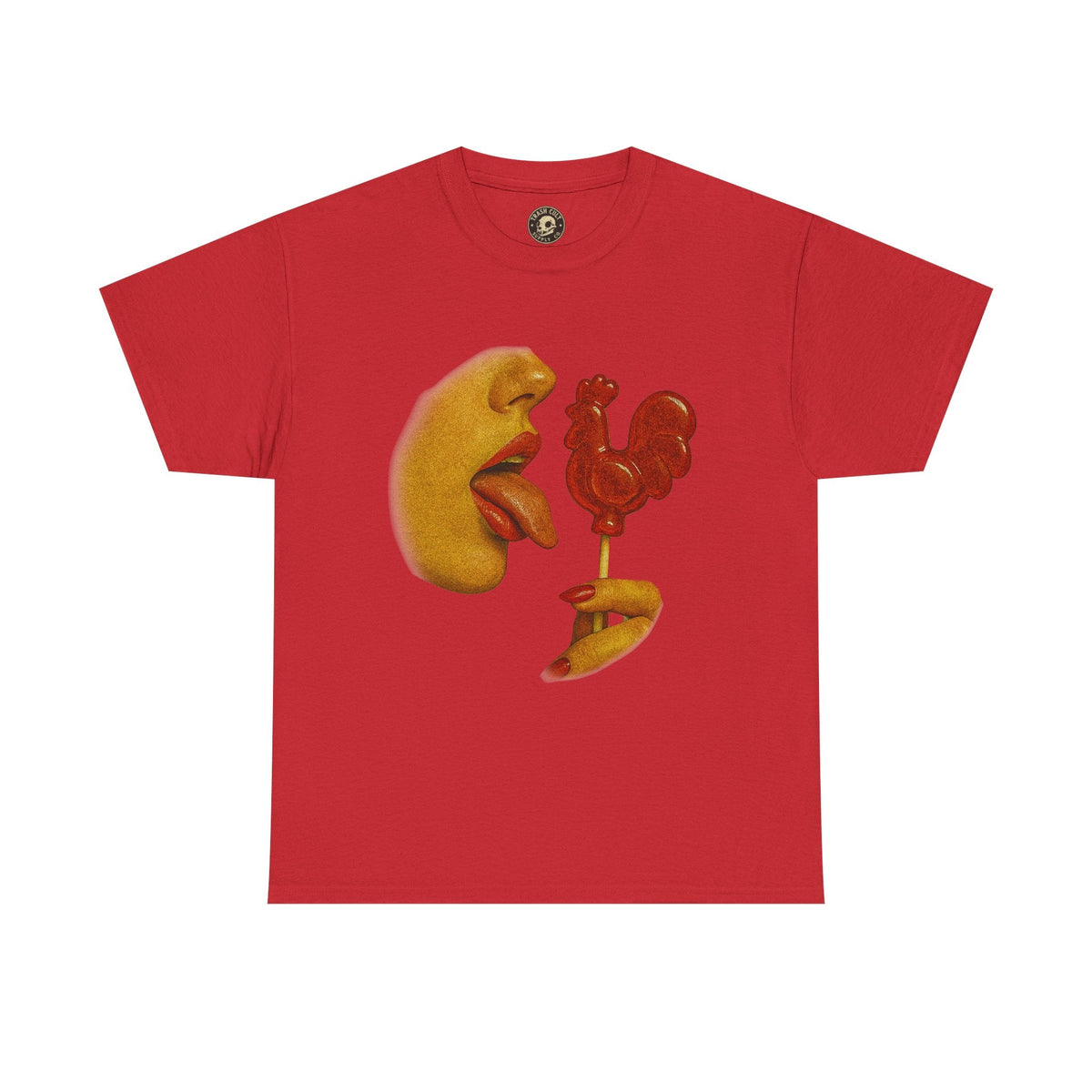 Bold Retro Halftone Tease – Red Rooster Lollipop Graphic Tee